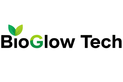 BioGlow Tech Logo - Black Text with Green Leaf